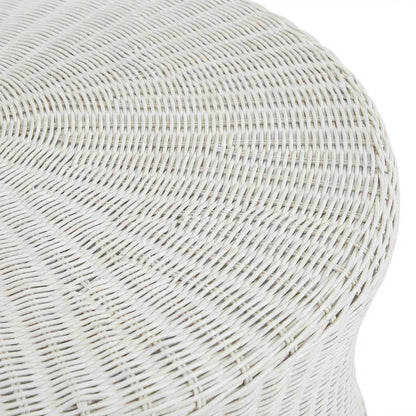 White Rattan Round Coffee Table Ottoman with Mango Wood and Lightweight Design