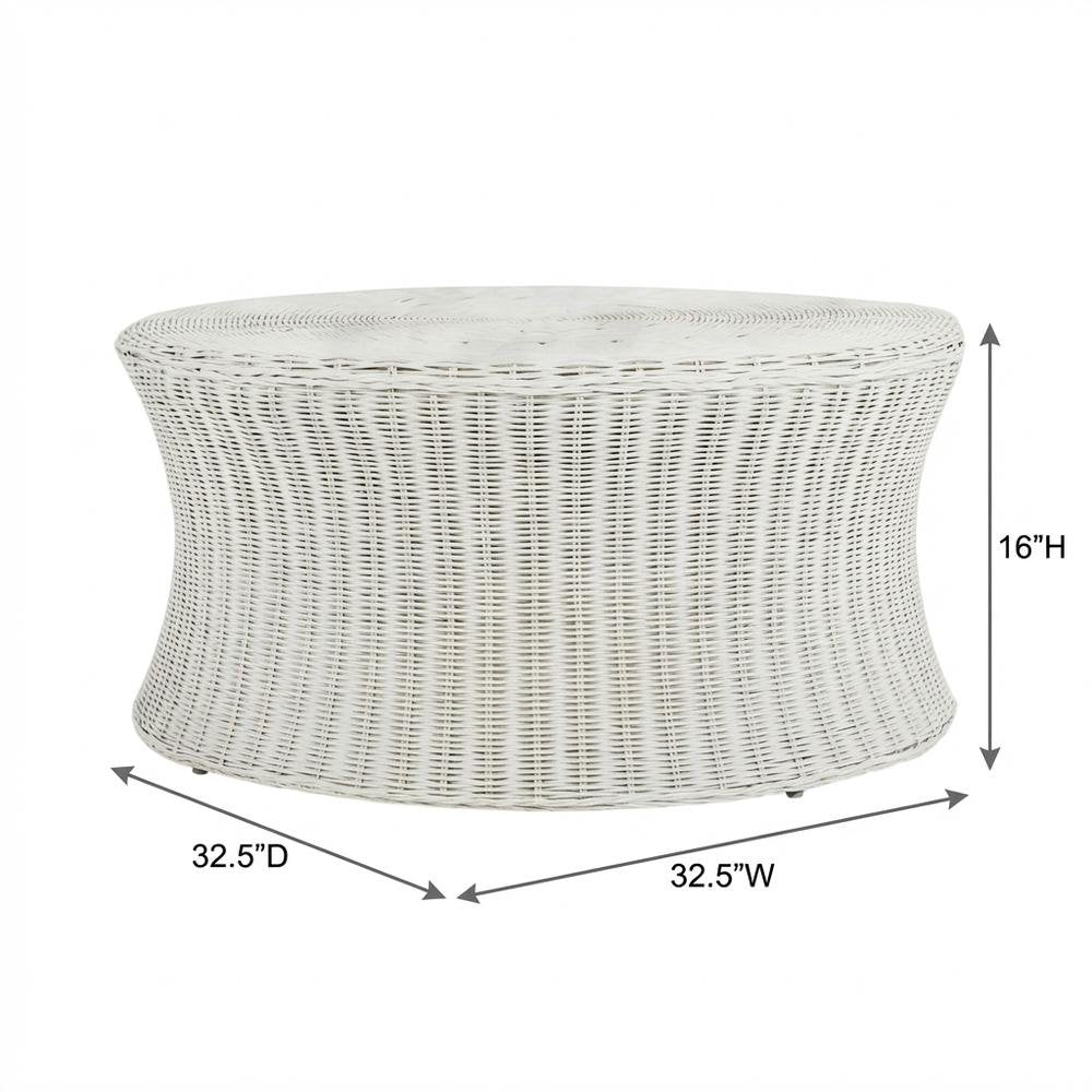 White Rattan Round Coffee Table Ottoman with Mango Wood and Lightweight Design