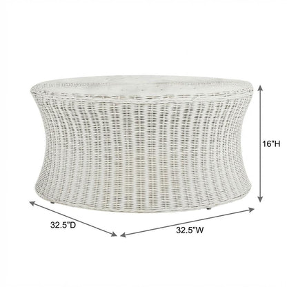 White Rattan Round Coffee Table Ottoman with Mango Wood and Lightweight Design
