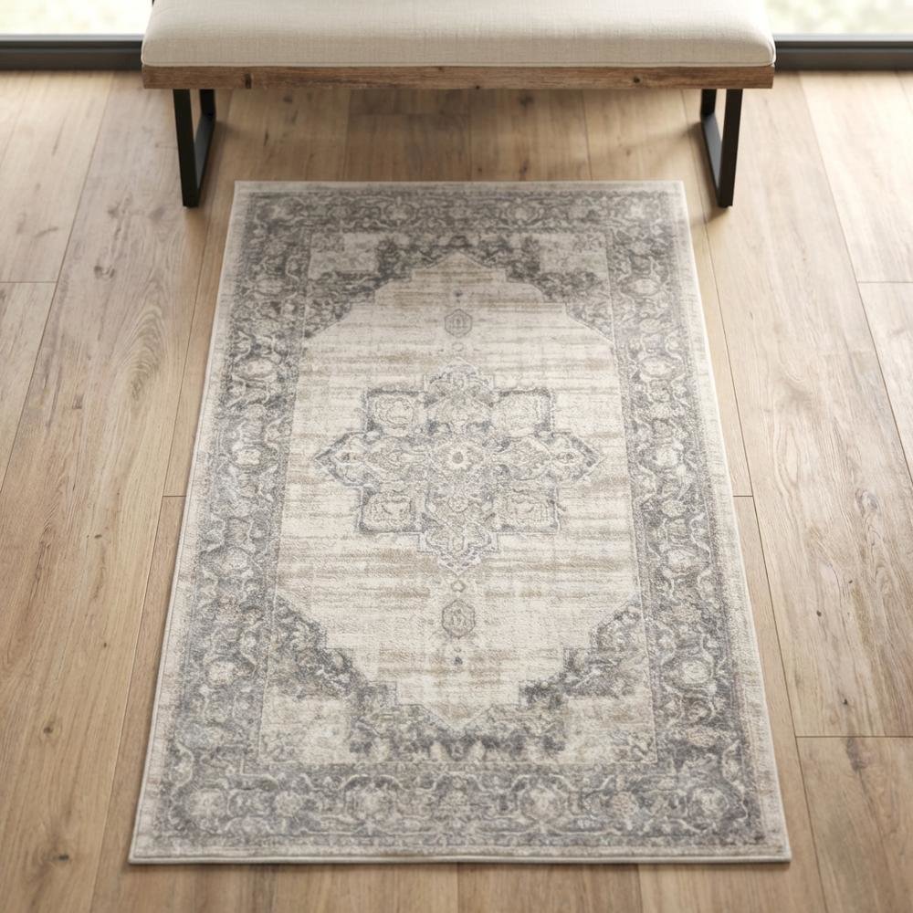 Cream and Grey Area Rug with Power Loomed Small Rectangle Shape