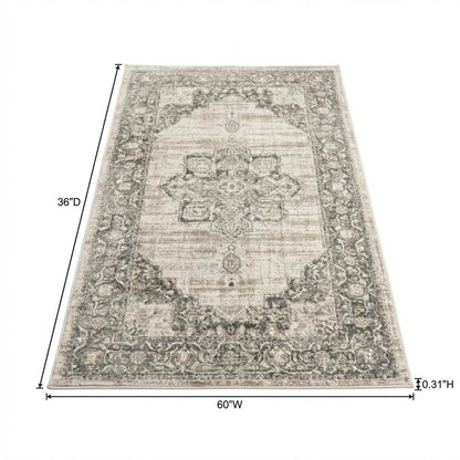 Cream and Grey Area Rug with Power Loomed Small Rectangle Shape