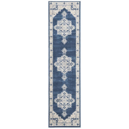 Navy and Creme Area Rug with Power Loomed Backing and Jute Backing, Runner Style
