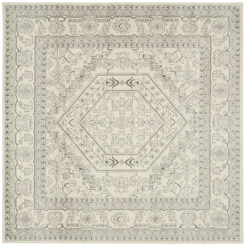 Ivory and Silver 8-Foot Square Area Rug with Polypropylene Pile, Power Loomed