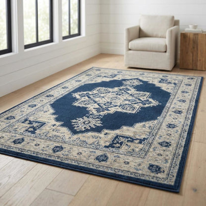 Navy and Creme Area Rug with Power Loomed Construction and Jute Backing