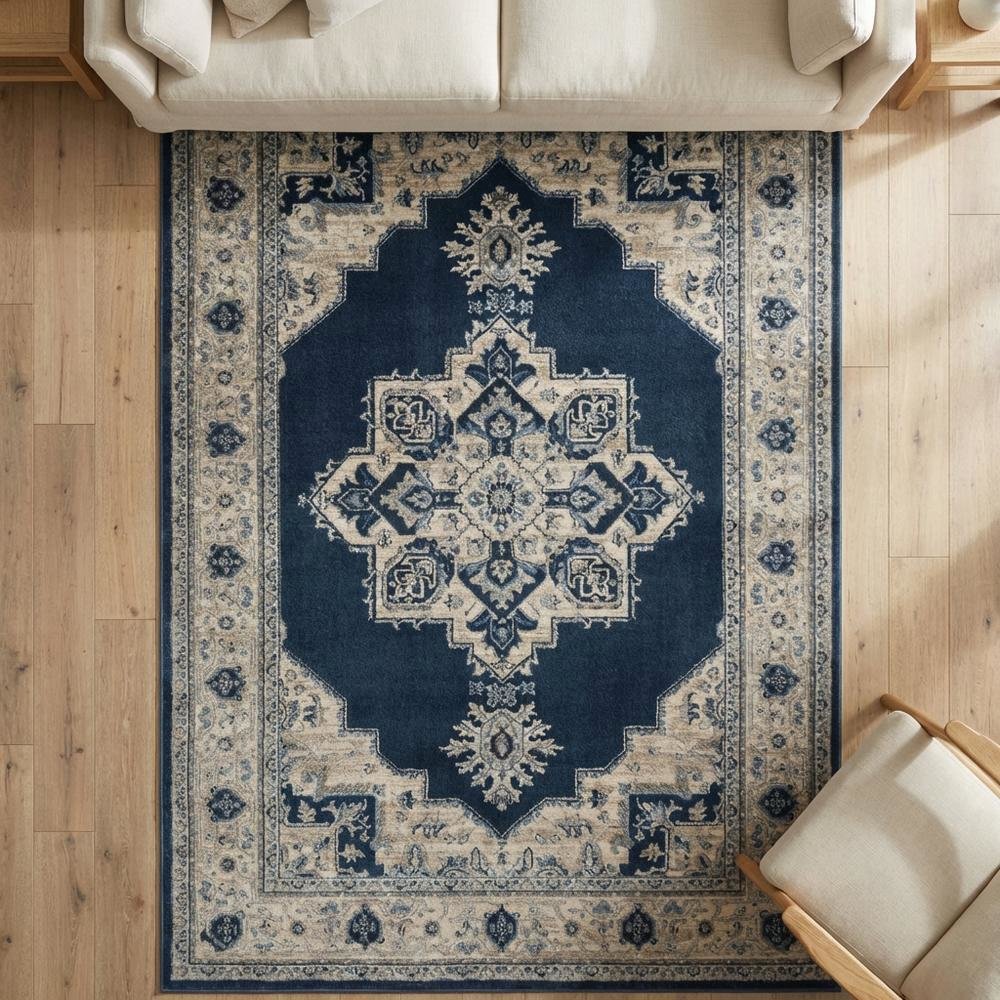 Navy and Creme Area Rug with Power Loomed Construction and Jute Backing