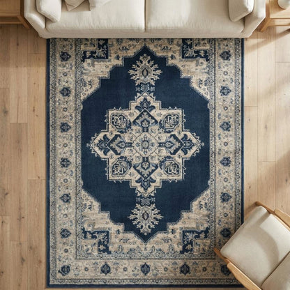 Navy and Creme Area Rug with Power Loomed Construction and Jute Backing