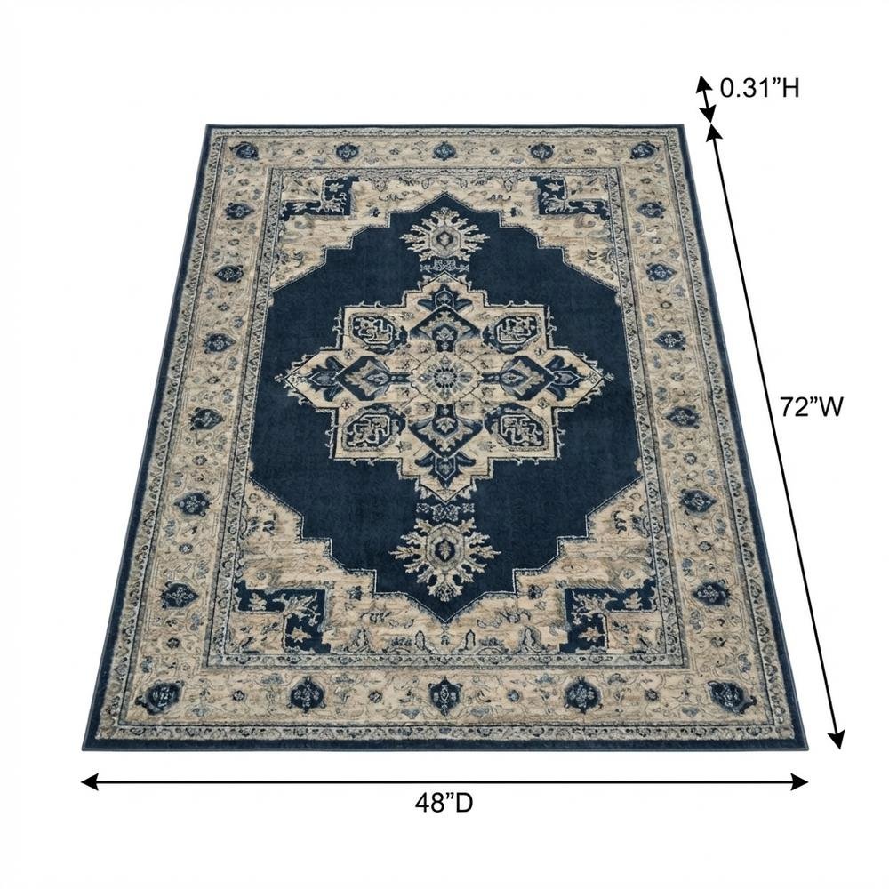 Navy and Creme Area Rug with Power Loomed Construction and Jute Backing