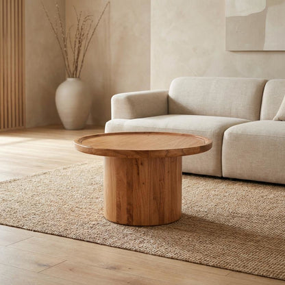Natural Brown Round Pedestal Coffee Table with Wooden Frame