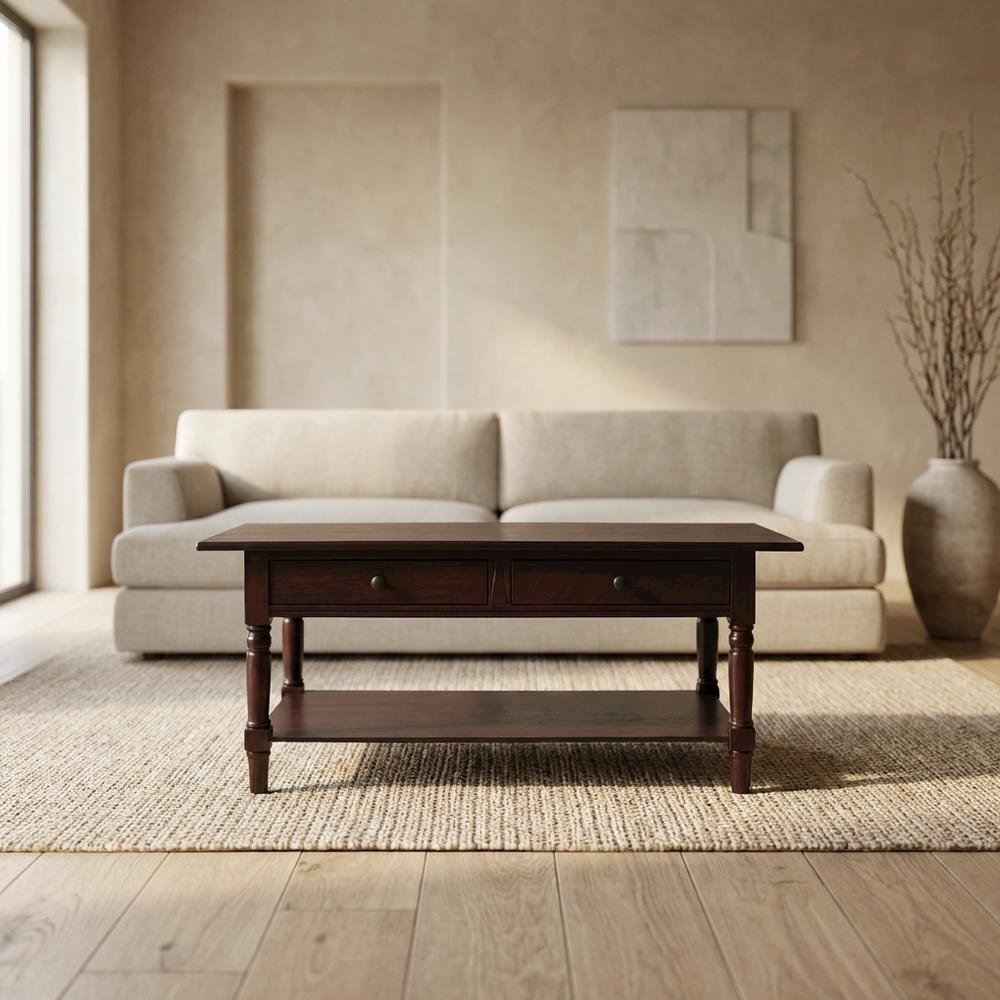 Cherry Wood Coffee Table with 2 Drawers and Shelf Storage