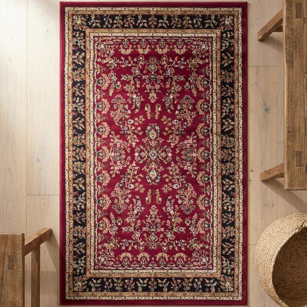 Red and Black Area Rug with Power Loomed Construction and Jute Backing