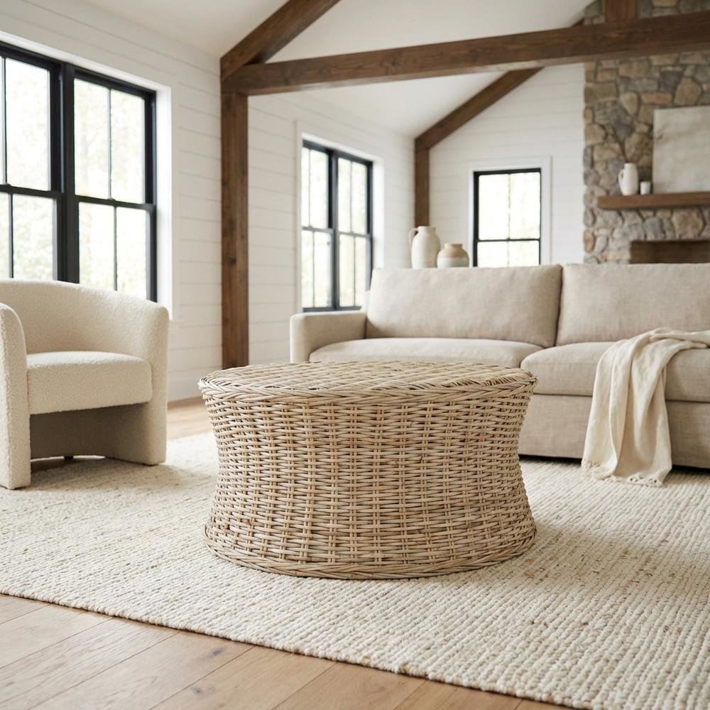 Round Rattan Coffee Table Ottoman with Mango Wood Frame