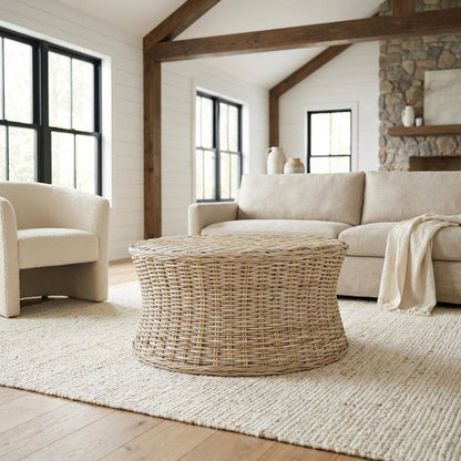 Round Rattan Coffee Table Ottoman with Mango Wood Frame