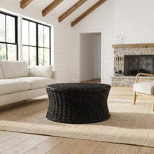 Black Rattan Round Coffee Table Ottoman with Mango Wood Top