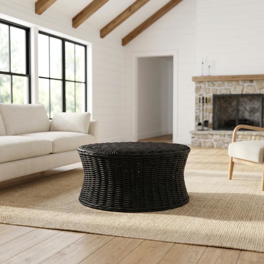 Black Rattan Round Coffee Table Ottoman with Mango Wood Top