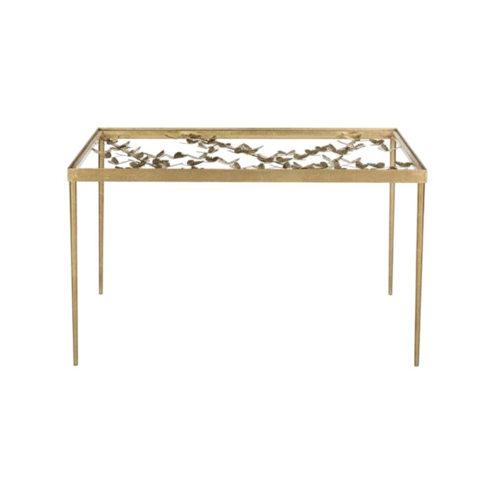 Modern Glass Top Office Desk With Metal Frame And Antique Gold Finish