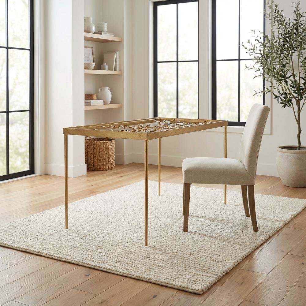 Modern Glass Top Office Desk With Metal Frame And Antique Gold Finish