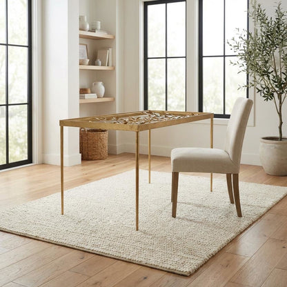 Modern Glass Top Office Desk With Metal Frame And Antique Gold Finish