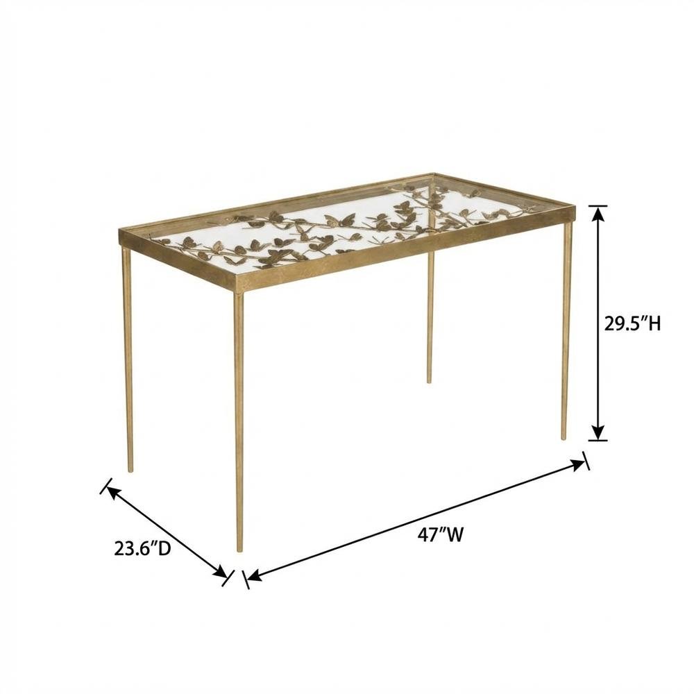 Modern Glass Top Office Desk With Metal Frame And Antique Gold Finish
