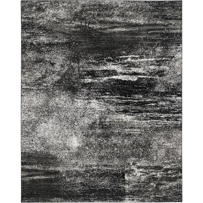 Silver and Black Area Rug with Power Loomed Polypropylene Pile for Living Room
