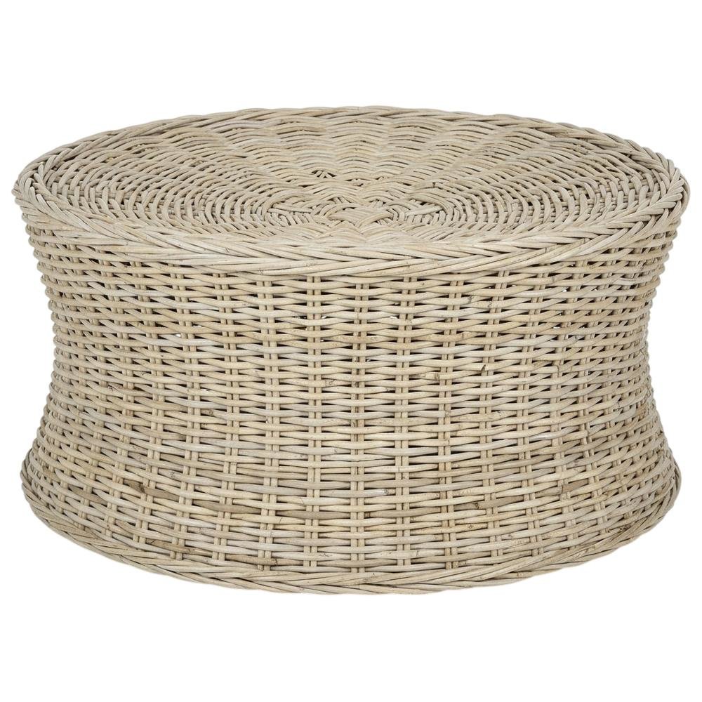 Round Rattan Coffee Table Ottoman with Mango Wood Frame