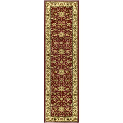 Red and ivory area rug with power loomed polypropylene pile, runner size