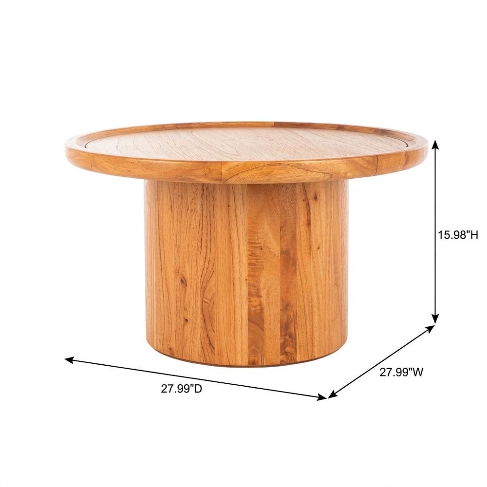 Natural Brown Round Pedestal Coffee Table with Wooden Frame