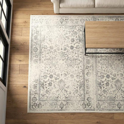 Ivory and Silver Area Rug with Power Loomed Design and Plush Polypropylene Pile