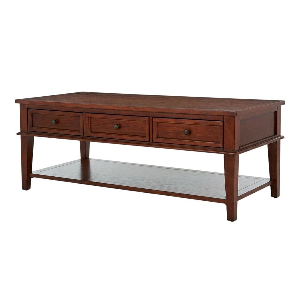 Sepia Brown Coffee Table with Storage Drawers and Shelf, Wood Frame