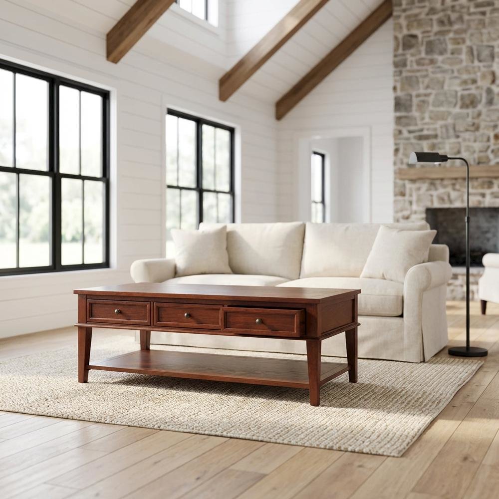 Sepia Brown Coffee Table with Storage Drawers and Shelf, Wood Frame