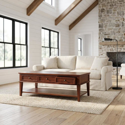 Sepia Brown Coffee Table with Storage Drawers and Shelf, Wood Frame