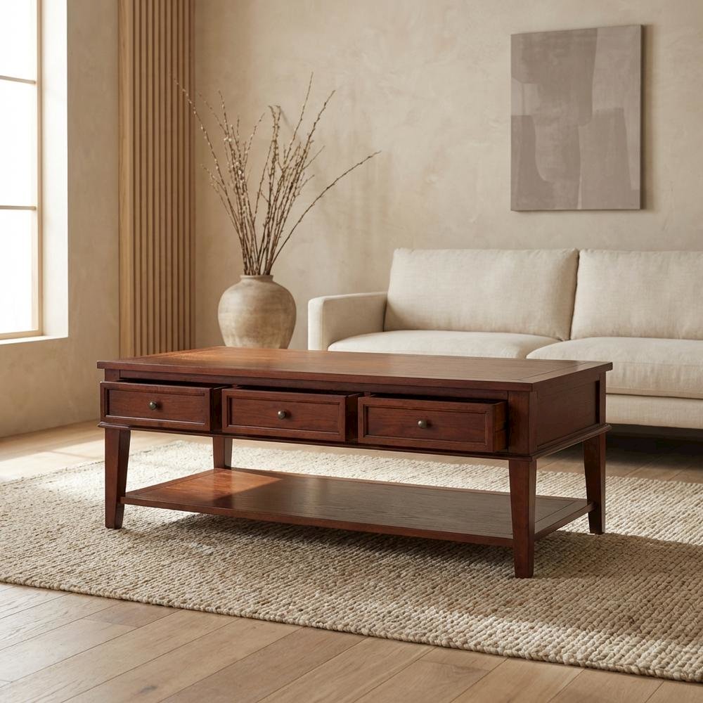 Sepia Brown Coffee Table with Storage Drawers and Shelf, Wood Frame