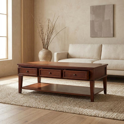 Sepia Brown Coffee Table with Storage Drawers and Shelf, Wood Frame