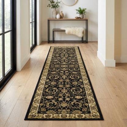 Black and Ivory Area Rug, Power-Loomed Polypropylene, Jute Backing, Runner Shape