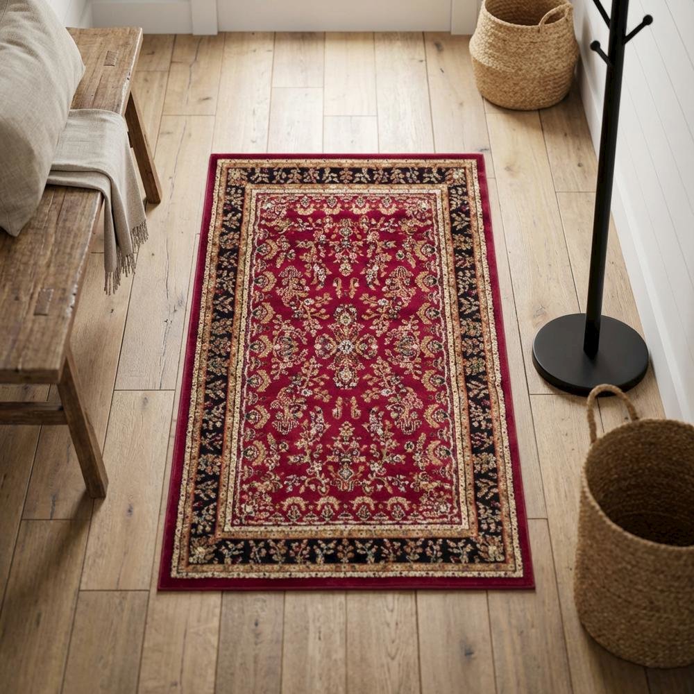 Red and Black Area Rug with Power Loomed Construction and Jute Backing