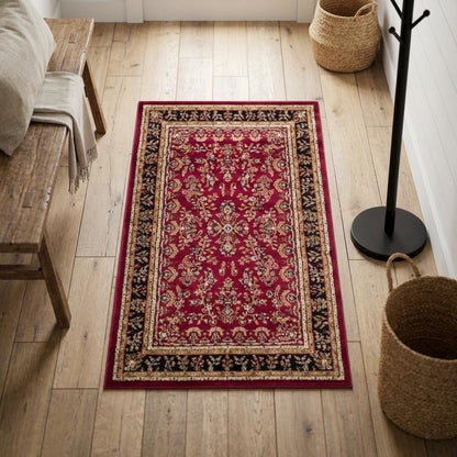 Red and Black Area Rug with Power Loomed Construction and Jute Backing