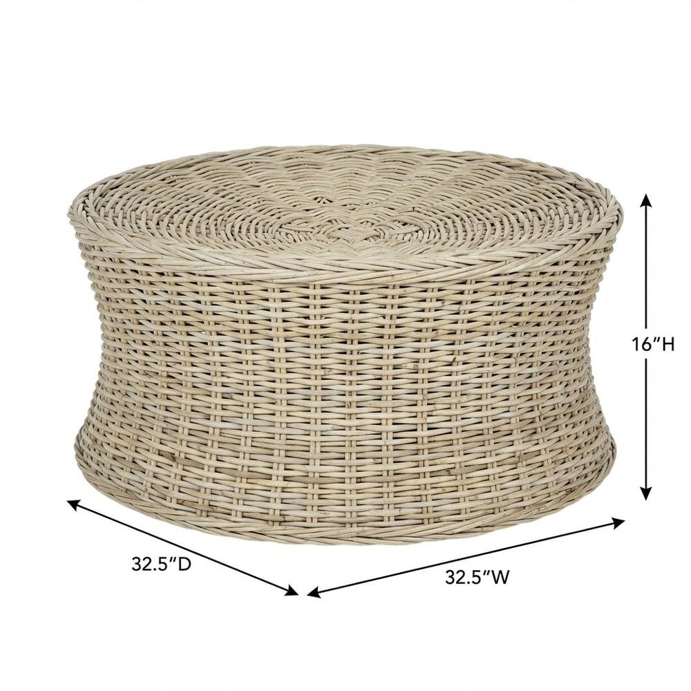 Round Rattan Coffee Table Ottoman with Mango Wood Frame