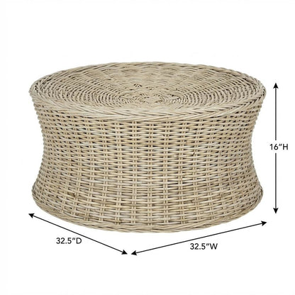 Round Rattan Coffee Table Ottoman with Mango Wood Frame