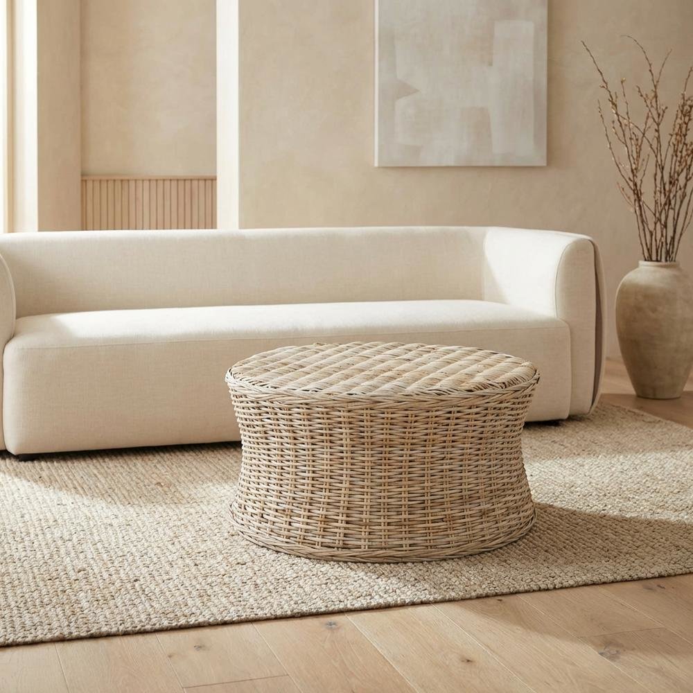 Round Rattan Coffee Table Ottoman with Mango Wood Frame