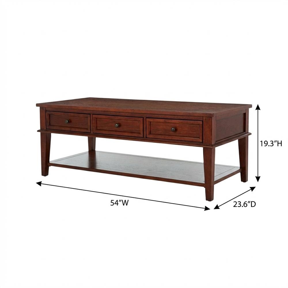 Sepia Brown Coffee Table with Storage Drawers and Shelf, Wood Frame