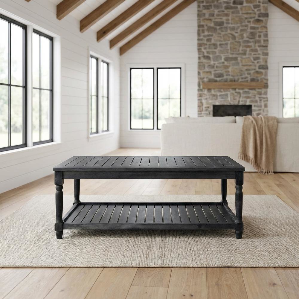 Dark Slate Grey Outdoor Coffee Table with Stain Finish and Steel Accents