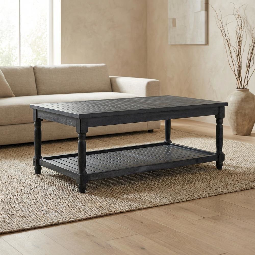Dark Slate Grey Outdoor Coffee Table with Stain Finish and Steel Accents