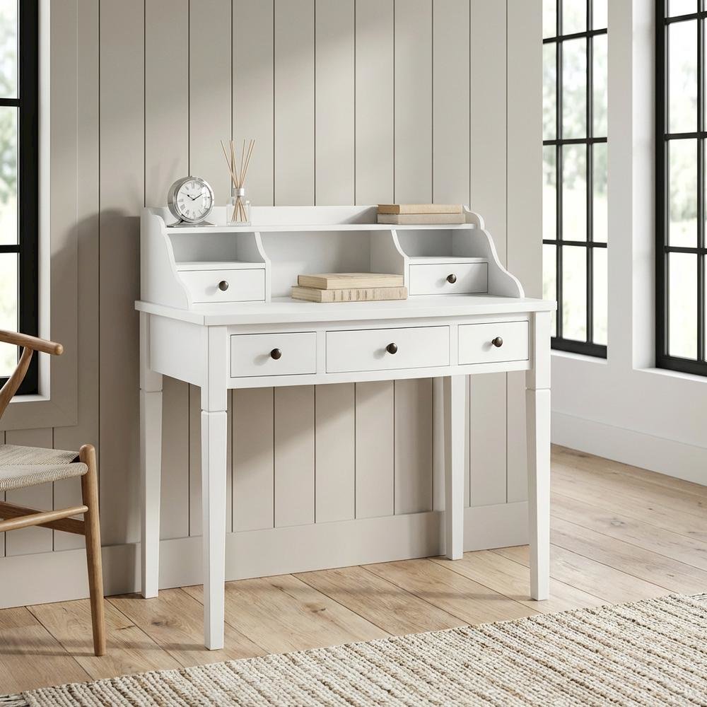 White Wooden 5-Drawer Office Desk With Shelves And Ample Storage