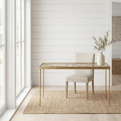 Modern Glass Top Office Desk With Metal Frame And Antique Gold Finish