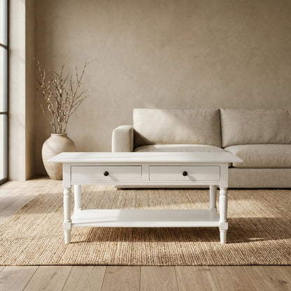White Pine Coffee Table with 2 Drawers and Storage Shelf