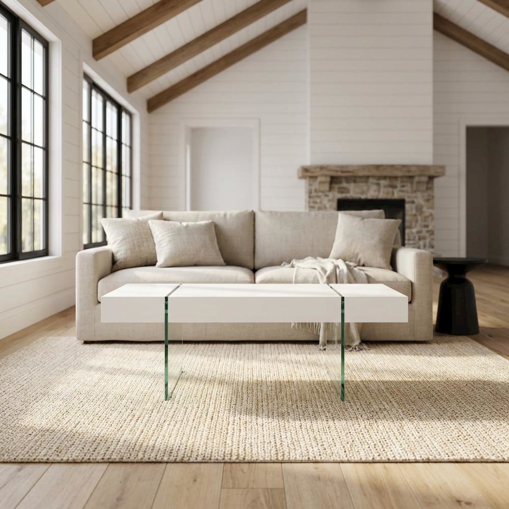 Modern white glass top coffee table with clear glass legs and sturdy MDF frame