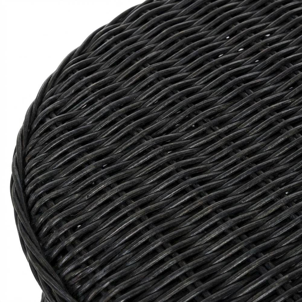 Black Rattan Round Coffee Table Ottoman with Mango Wood Top
