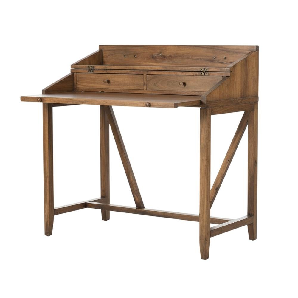Oak-Colored Writing Desk With Pull-Out Tray And Spacious Storage