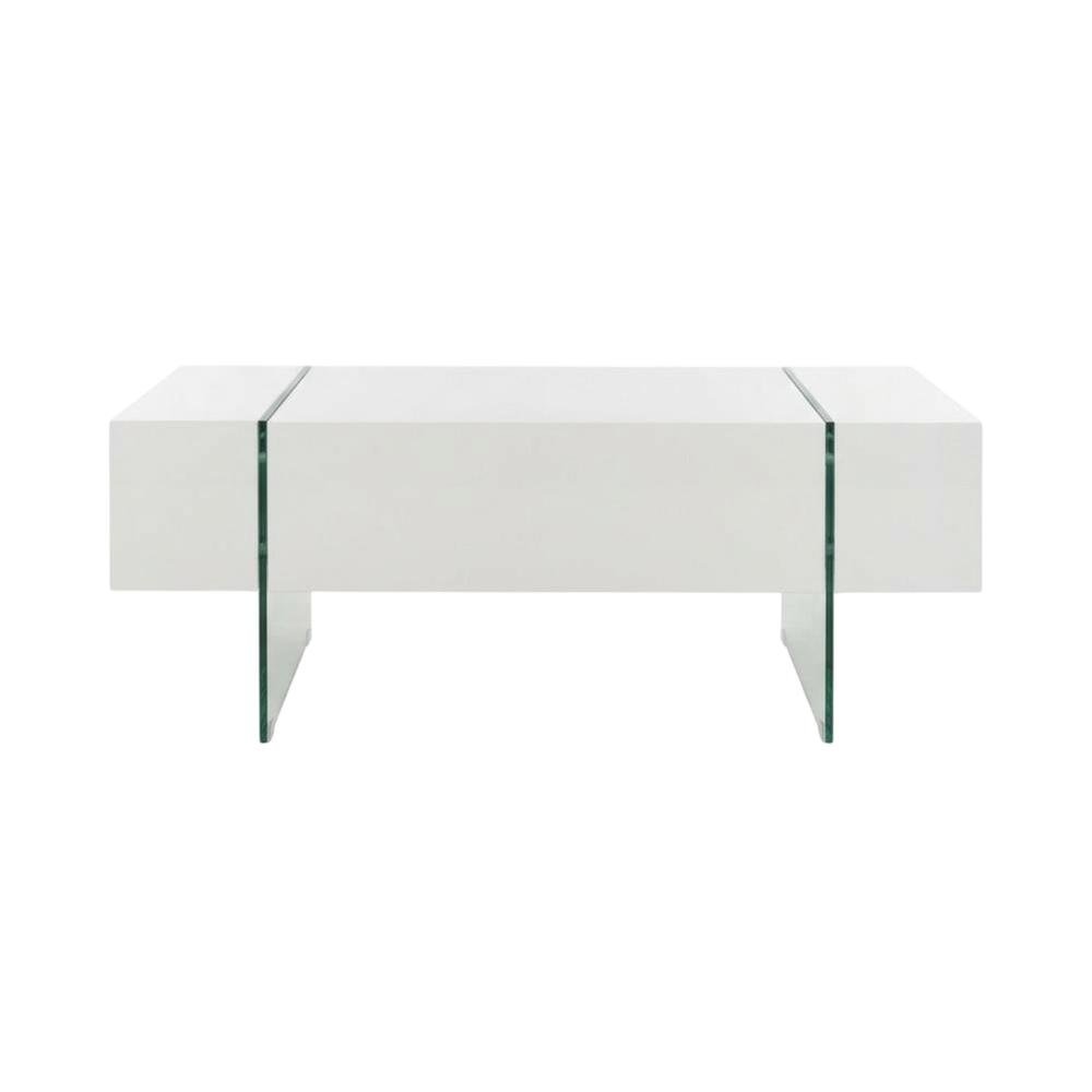 Modern white glass top coffee table with clear glass legs and sturdy MDF frame