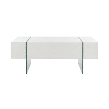 Modern white glass top coffee table with clear glass legs and sturdy MDF frame