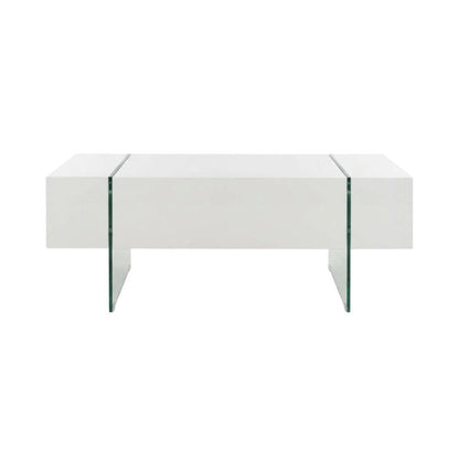 Modern white glass top coffee table with clear glass legs and sturdy MDF frame